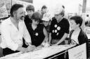 Jim Needle attracts interest on the Oxford Mail stand at Witney Trade Fair in 1984