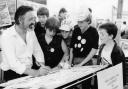 Jim Needle attracts interest on the Oxford Mail stand at Witney Trade Fair in 1984