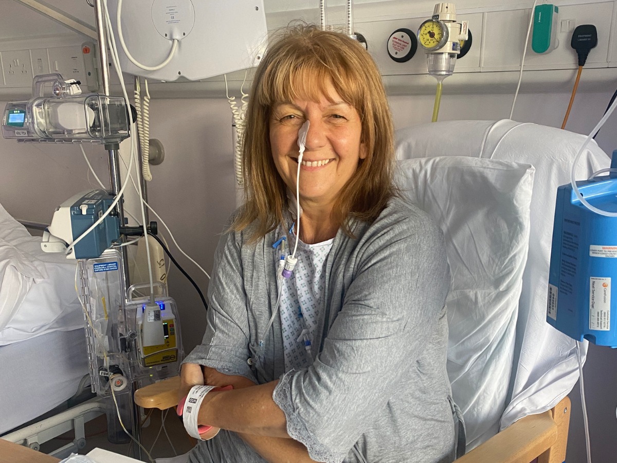 Helen French is raising money for Pancreatic Cancer UK this month. Pictured: Recovering after surgery at Oxford Churchill Hospital 