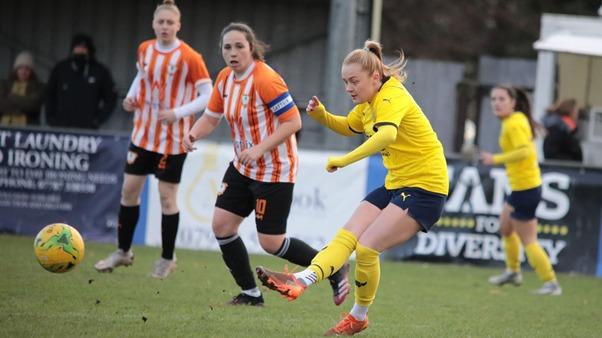 Beth Lumsden in action during the FA Cup defeat to Ashford Town. Picture: Darrell Fisher