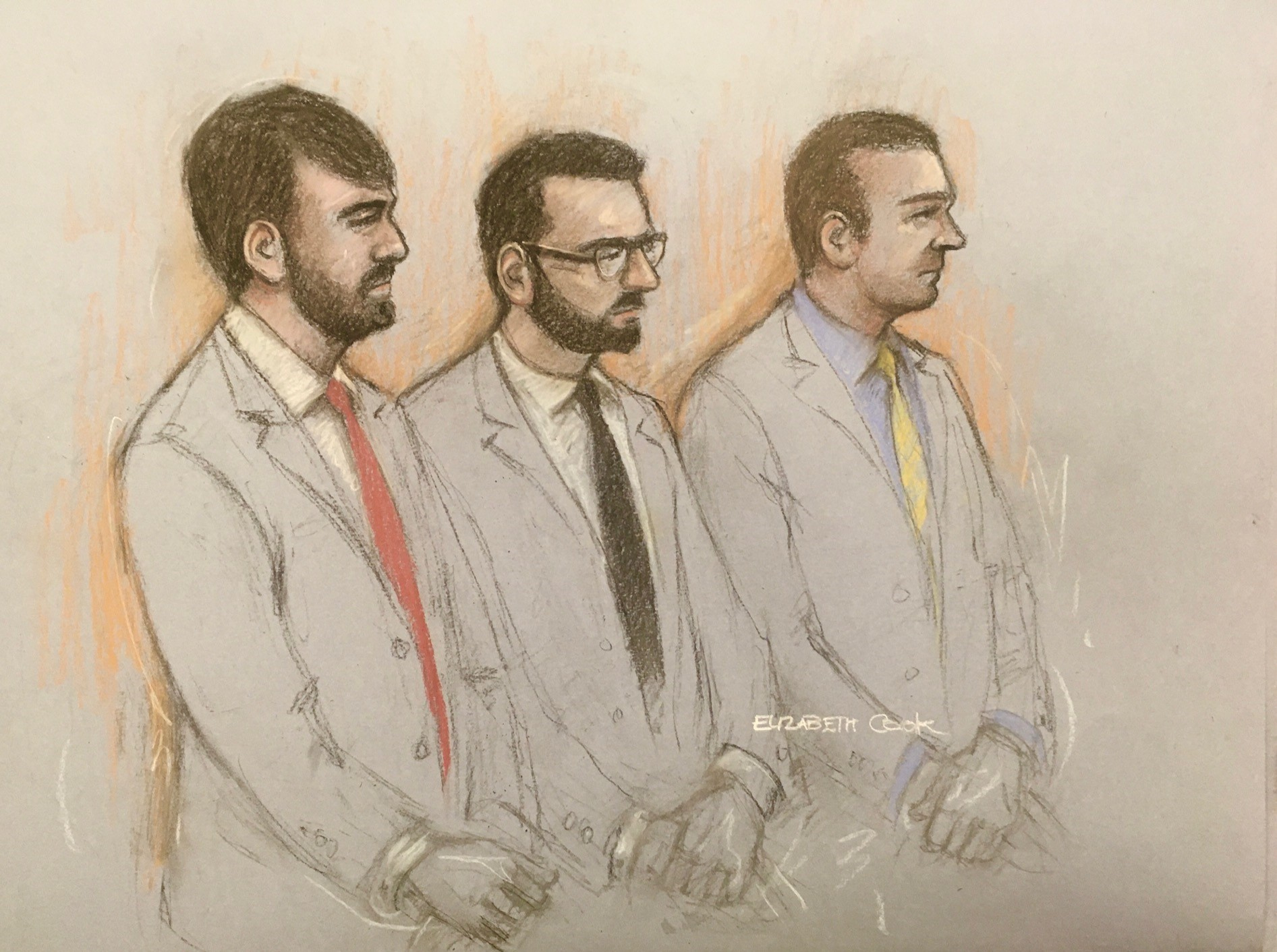 Court artist sketch by Elizabeth Cook of (left to right) serving Metropolitan police officers Pc William Neville, and Jonathon Cobban, along with former police officer Joel Borders appearing in the dock at Westminster Magistrates Court, in London,