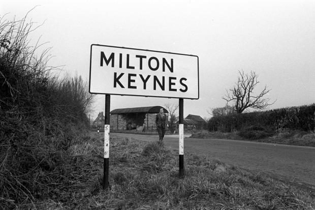 An early sign for Milton Keynes in Buckinghamshire, pictured in 1969 (PA)