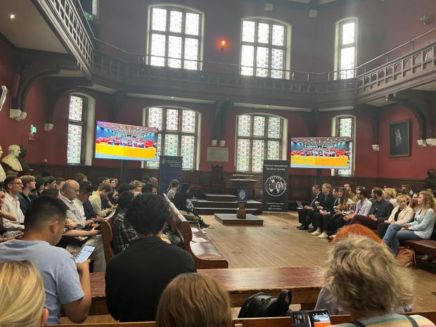 thisisoxfordshire: Oxford Union is packed as the audience waits eagerly to hear from President Zelensky.