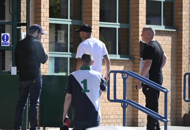 thisisoxfordshire: Ashley Northmore (left), Steven Ellis (centre, in baseball cap) and Shannon Power (right) outside Swindon Magistrates' Court on Wednesday. Photo: Dave Cox.