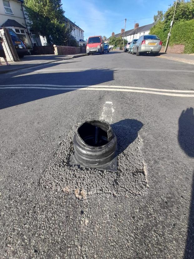 thisisoxfordshire: The LTN bollard removed by firefighters in Clive Road. Picture: Amir Steve Ali