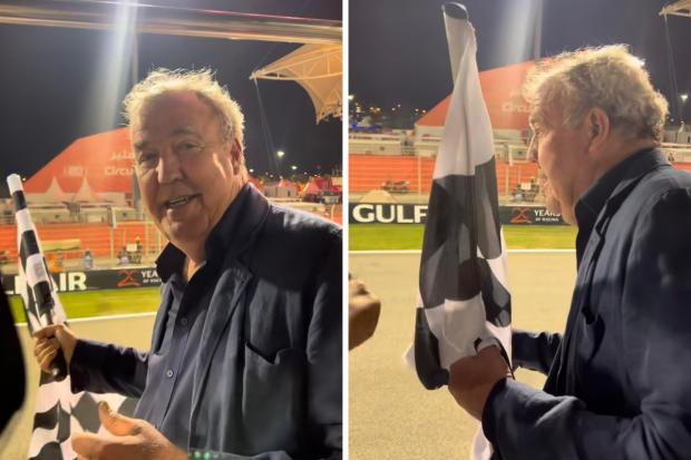Jeremy Clarkson waves the flag at the first race of the F1 season in Bahrain