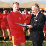 Ian Bowyer being recognised for his 500th Banbury United appearance in October 1998. The plaque to mark Ian's 500th appearance was presented to him by then club president David Jesson